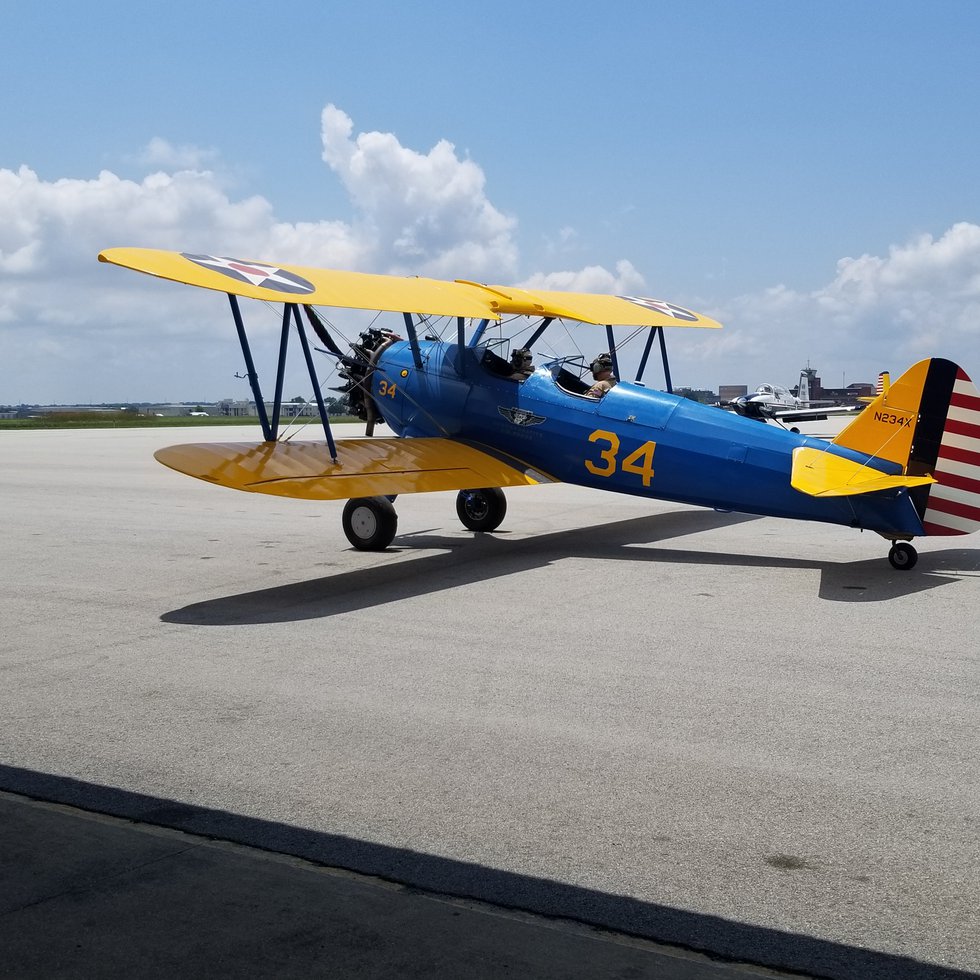 John Wittenborn and Brian Von Bevern of Olathe taxi out in the CAF Stearman biplane.jpg